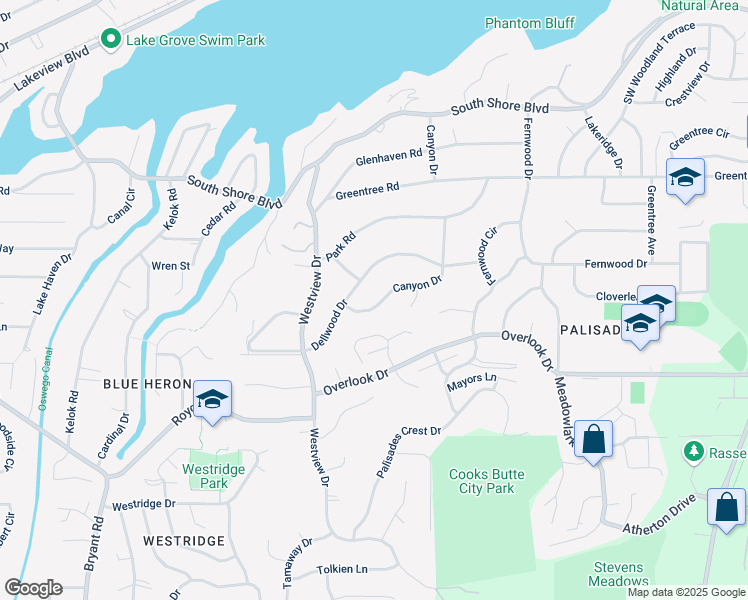 map of restaurants, bars, coffee shops, grocery stores, and more near 17360 Canyon Drive in Lake Oswego