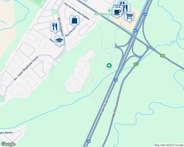 map of restaurants, bars, coffee shops, grocery stores, and more near 305 Avenue de la Belle-Dame in La Prairie