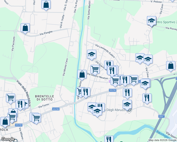 map of restaurants, bars, coffee shops, grocery stores, and more near Via Bonaventura Cavalieri in Padua