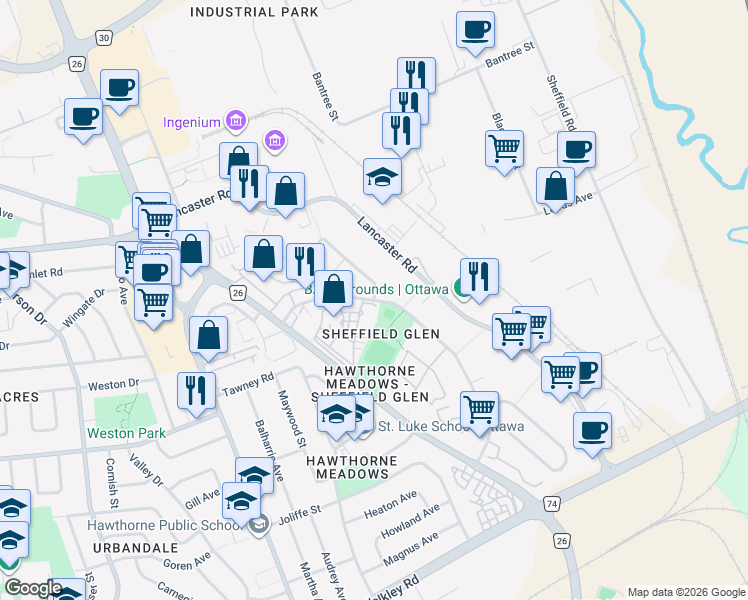 map of restaurants, bars, coffee shops, grocery stores, and more near Southvale Crescent in Ottawa