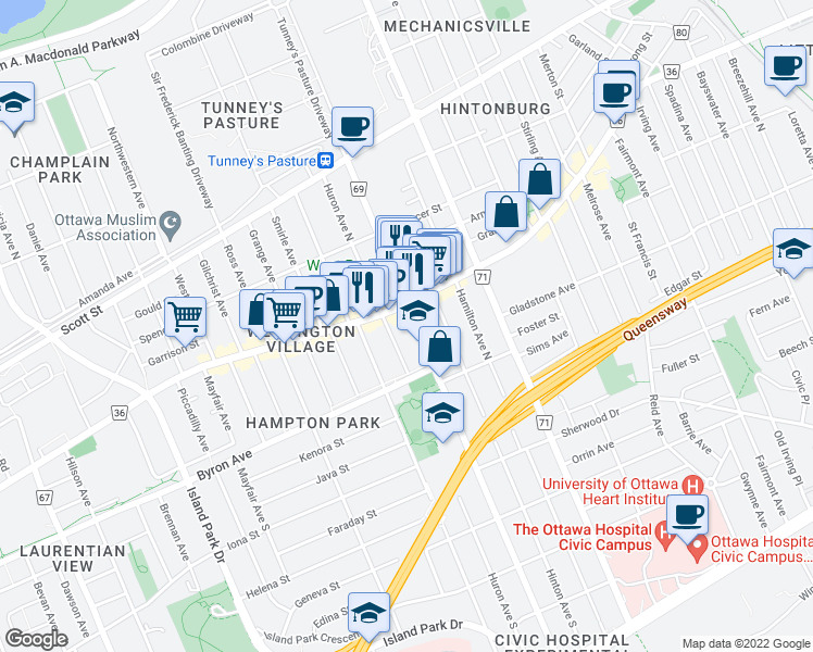 map of restaurants, bars, coffee shops, grocery stores, and more near 132 Holland Avenue in Ottawa