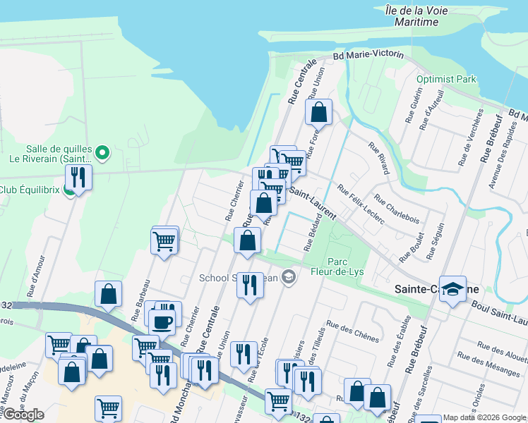 map of restaurants, bars, coffee shops, grocery stores, and more near 1070 Rue Union in Sainte-Catherine