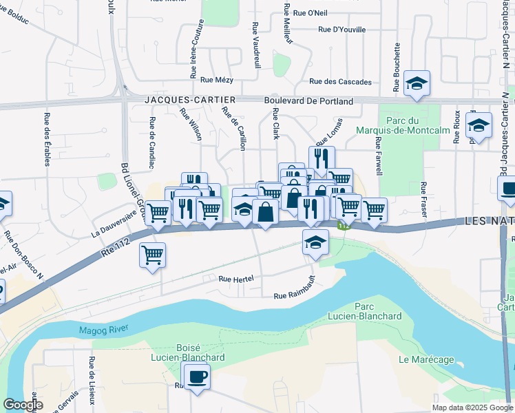 map of restaurants, bars, coffee shops, grocery stores, and more near 45 Rue Morris in Sherbrooke