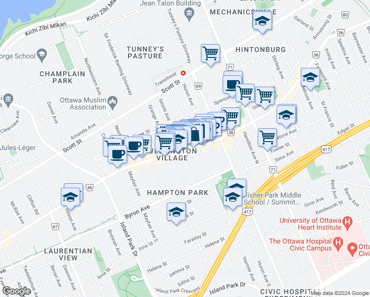 map of restaurants, bars, coffee shops, grocery stores, and more near 1285 Wellington Street West in Ottawa