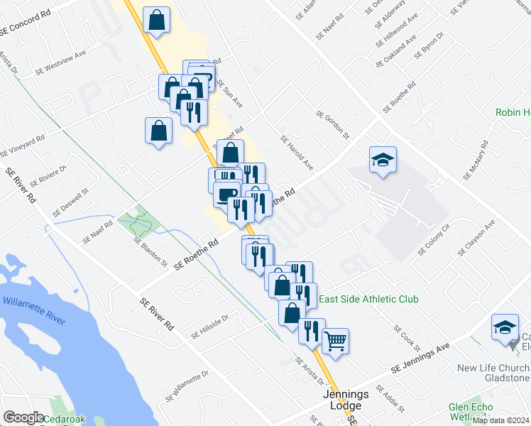 map of restaurants, bars, coffee shops, grocery stores, and more near 4400 Southeast Roethe Road in Milwaukie