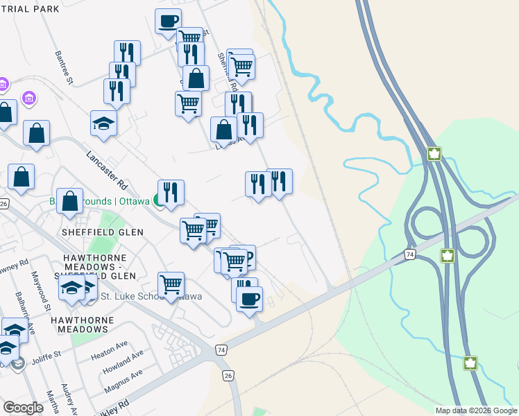 map of restaurants, bars, coffee shops, grocery stores, and more near 2760 Sheffield Road in Ottawa