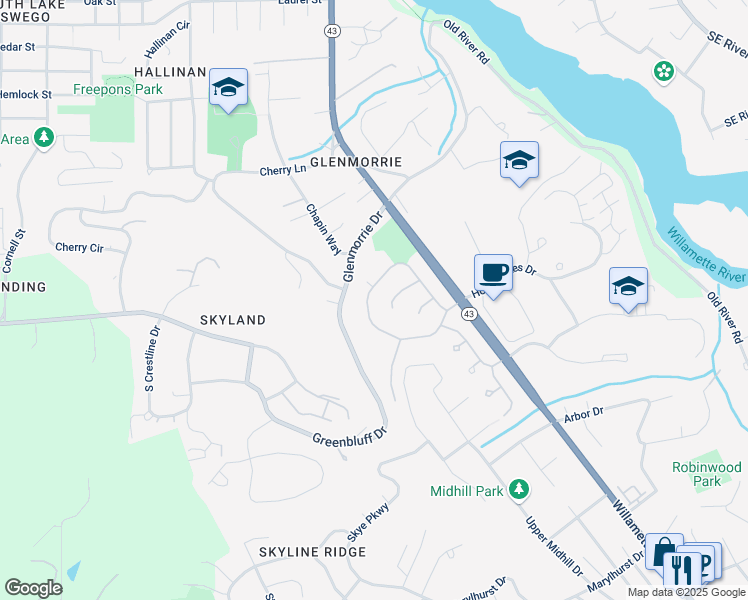 map of restaurants, bars, coffee shops, grocery stores, and more near 17479 Brookhurst Drive in Lake Oswego