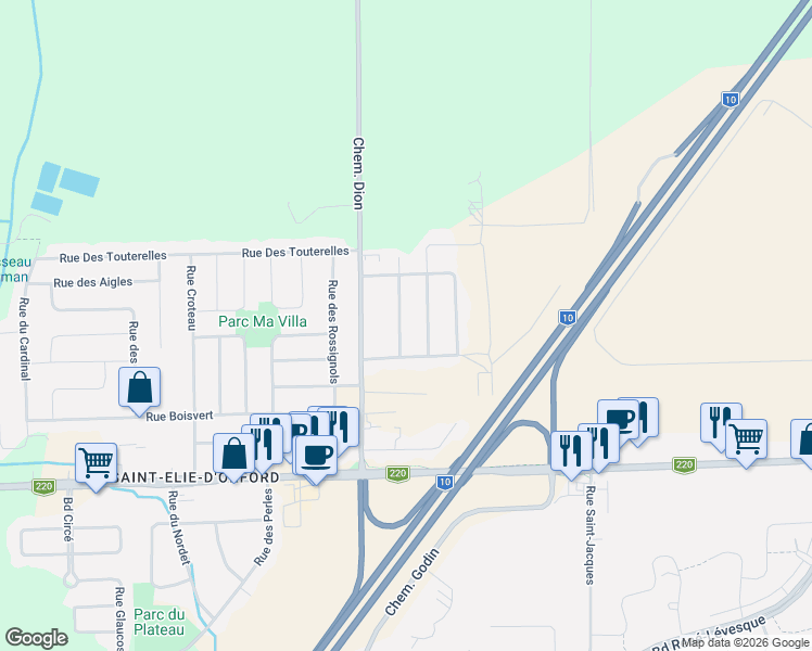 map of restaurants, bars, coffee shops, grocery stores, and more near 176 Rue des Condors in Sherbrooke
