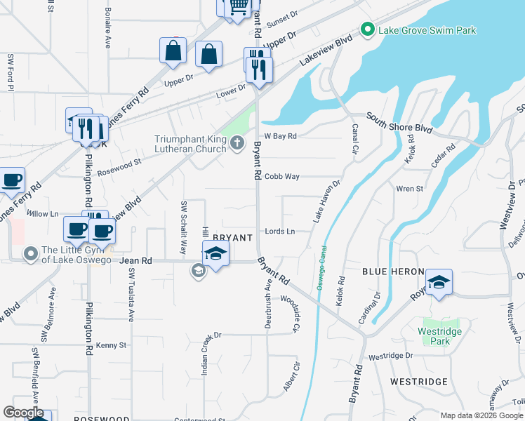 map of restaurants, bars, coffee shops, grocery stores, and more near 17522 Bryant Road in Lake Oswego