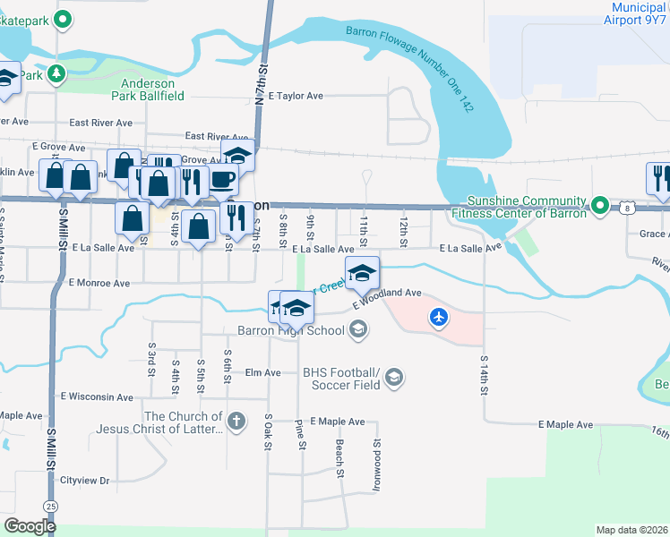 map of restaurants, bars, coffee shops, grocery stores, and more near 934 East La Salle Avenue in Barron