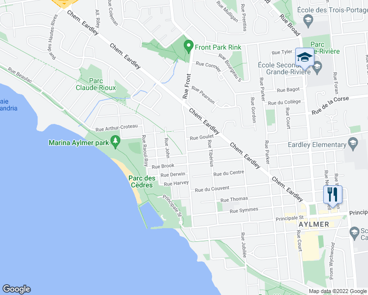 map of restaurants, bars, coffee shops, grocery stores, and more near 61 Rue Front in Gatineau