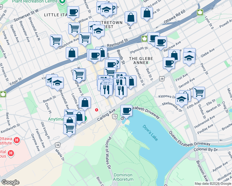 map of restaurants, bars, coffee shops, grocery stores, and more near 785 Carling Avenue in Ottawa