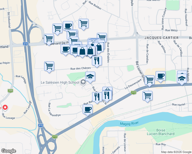 map of restaurants, bars, coffee shops, grocery stores, and more near 190 Rue Don-Bosco Nord in Sherbrooke