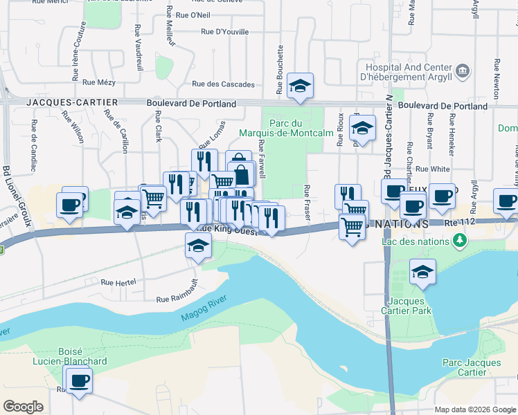 map of restaurants, bars, coffee shops, grocery stores, and more near 51 Rue Farwell in Sherbrooke
