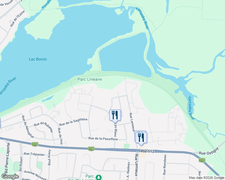 map of restaurants, bars, coffee shops, grocery stores, and more near 443 Rue du Petunia in Granby