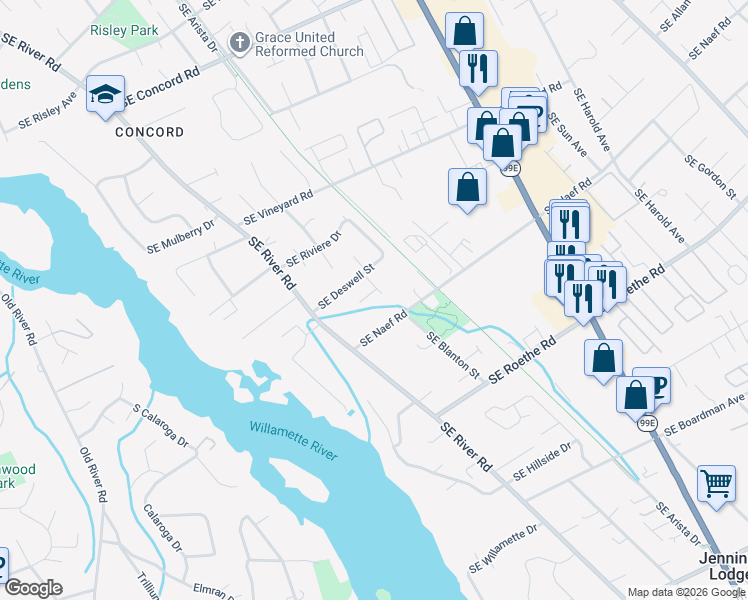 map of restaurants, bars, coffee shops, grocery stores, and more near 3422 Southeast Flat Tail Lane in Milwaukie