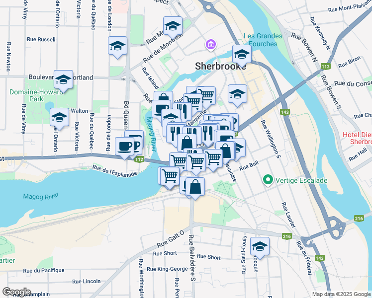 map of restaurants, bars, coffee shops, grocery stores, and more near 455 Rue King Ouest in Sherbrooke