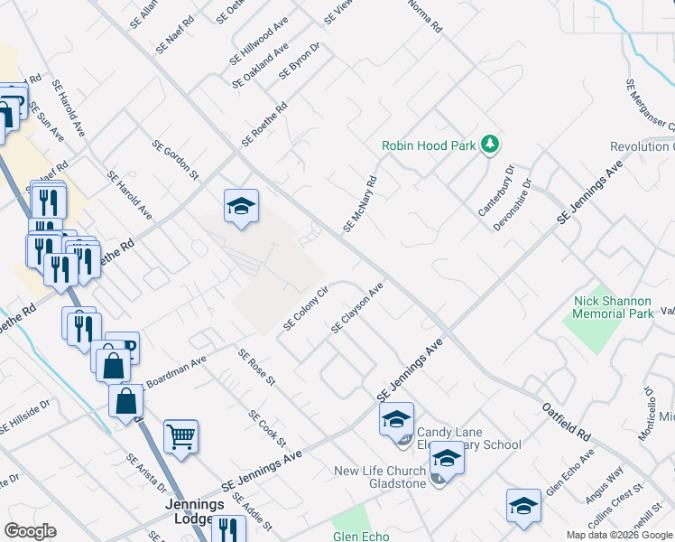 map of restaurants, bars, coffee shops, grocery stores, and more near 5655 Southeast Colony Circle in Milwaukie