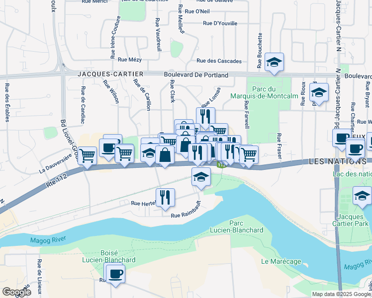 map of restaurants, bars, coffee shops, grocery stores, and more near 53 Rue Cate in Sherbrooke