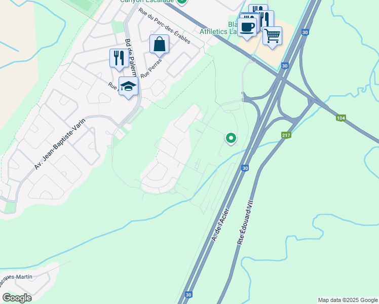 map of restaurants, bars, coffee shops, grocery stores, and more near 320 Avenue de la Belle-Dame in La Prairie