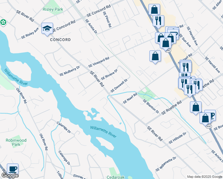 map of restaurants, bars, coffee shops, grocery stores, and more near 3187 Southeast Deswell Street in Milwaukie