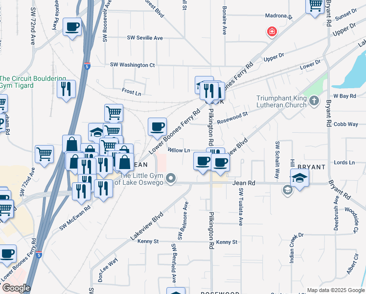 map of restaurants, bars, coffee shops, grocery stores, and more near 5755 Willow Lane in Lake Oswego