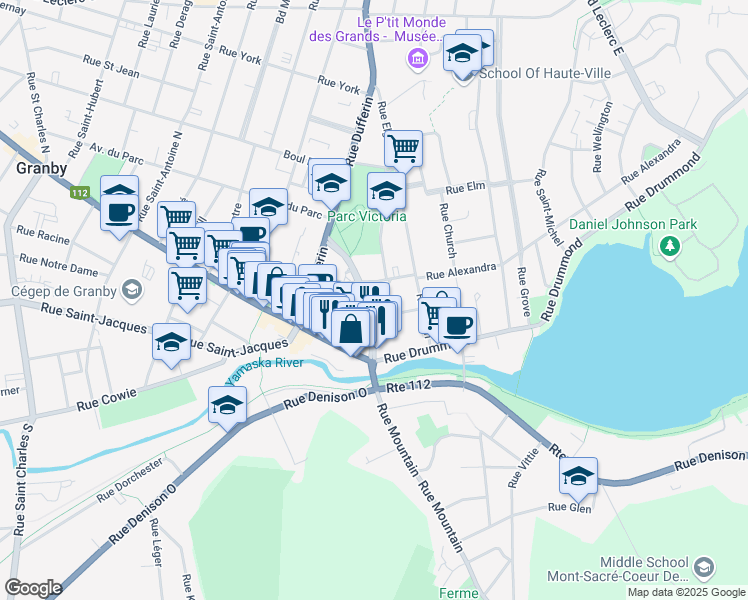map of restaurants, bars, coffee shops, grocery stores, and more near 38 Rue Young in Granby