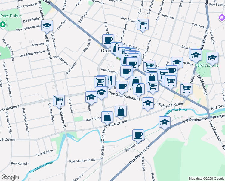 map of restaurants, bars, coffee shops, grocery stores, and more near 345 Rue Saint-Jacques in Granby