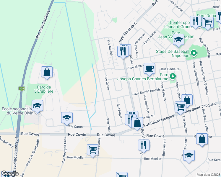 map of restaurants, bars, coffee shops, grocery stores, and more near 415 Rue Gince in Granby