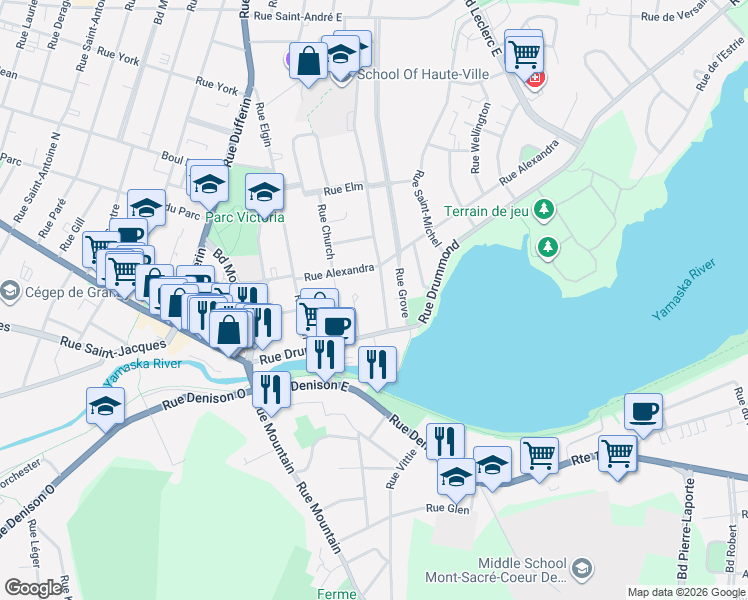 map of restaurants, bars, coffee shops, grocery stores, and more near 22 Rue Lansdowne in Granby