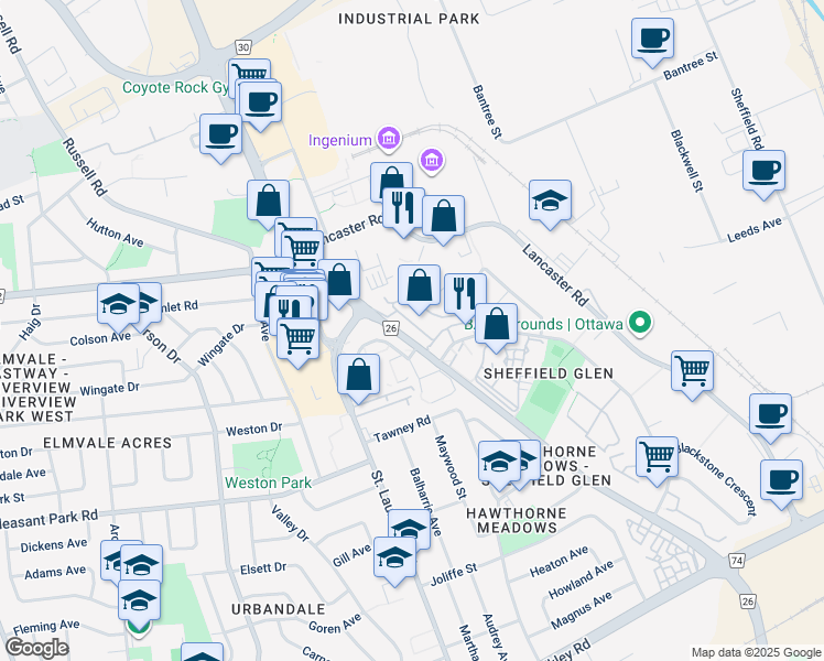 map of restaurants, bars, coffee shops, grocery stores, and more near 88 Southvale Crescent in Ottawa