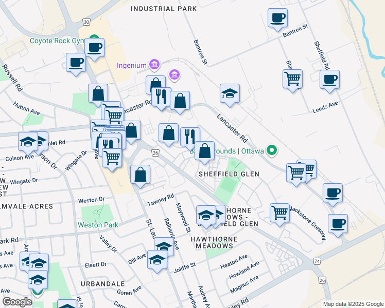 map of restaurants, bars, coffee shops, grocery stores, and more near 69 Southvale Crescent in Ottawa