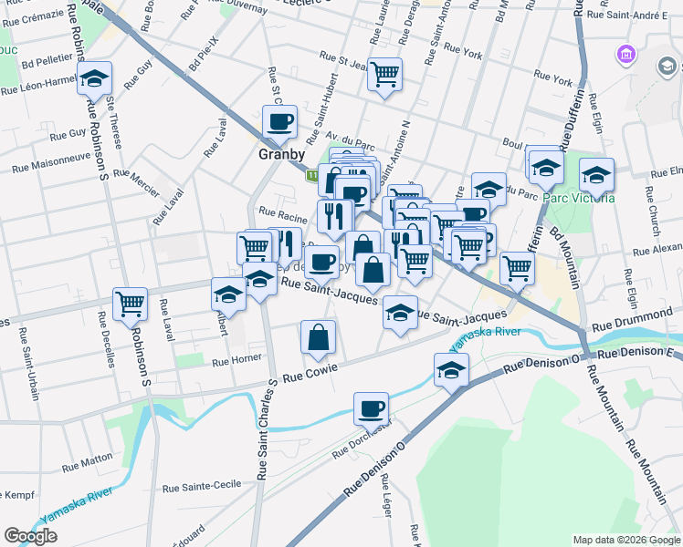 map of restaurants, bars, coffee shops, grocery stores, and more near 55 Rue Saint-Antoine Sud in Granby