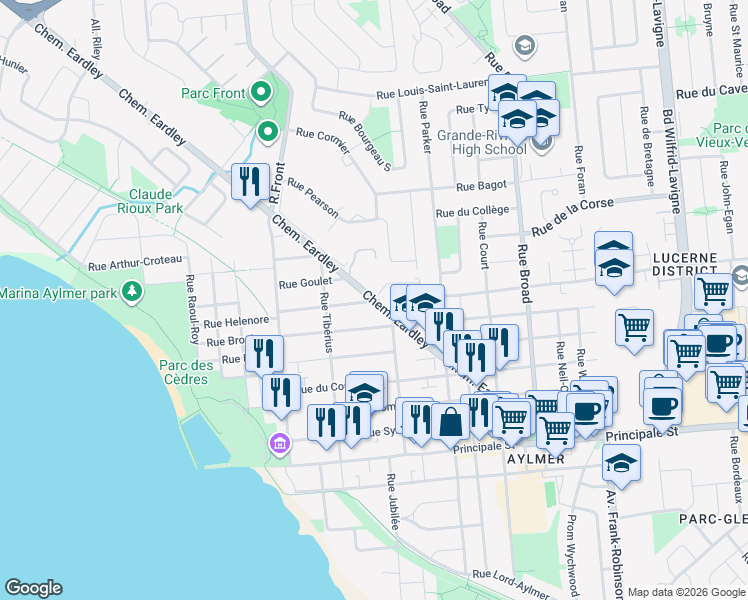 map of restaurants, bars, coffee shops, grocery stores, and more near 60 Chemin Eardley in Gatineau