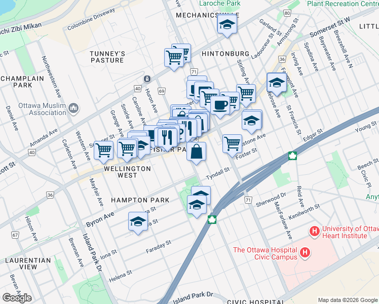 map of restaurants, bars, coffee shops, grocery stores, and more near 131 Holland Avenue in Ottawa
