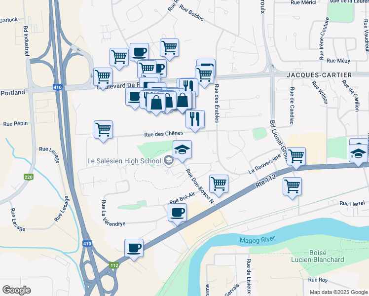 map of restaurants, bars, coffee shops, grocery stores, and more near 200 Rue Don-Bosco Nord in Sherbrooke