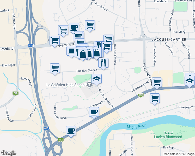map of restaurants, bars, coffee shops, grocery stores, and more near 200 Rue Don-Bosco Nord in Sherbrooke