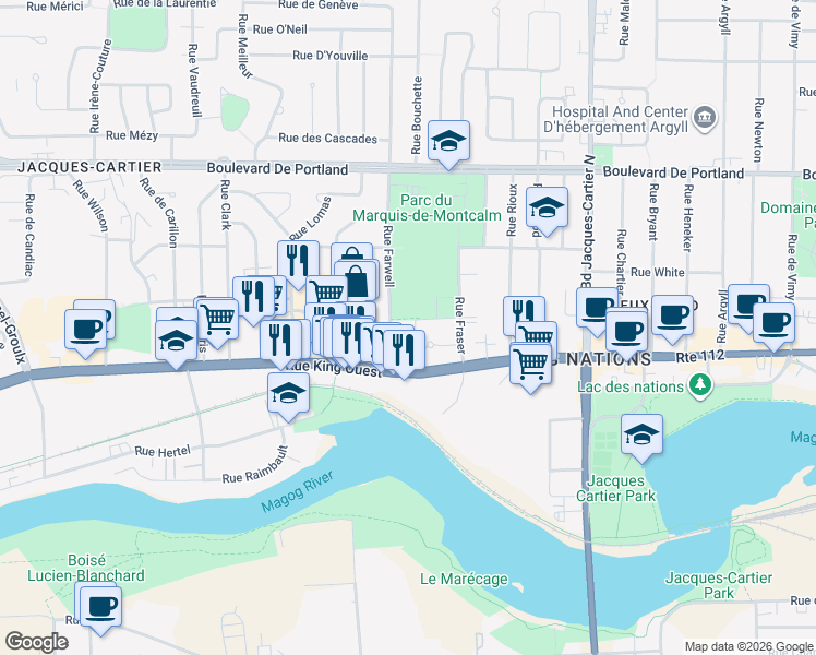 map of restaurants, bars, coffee shops, grocery stores, and more near 2150 Rue Lajoie in Sherbrooke