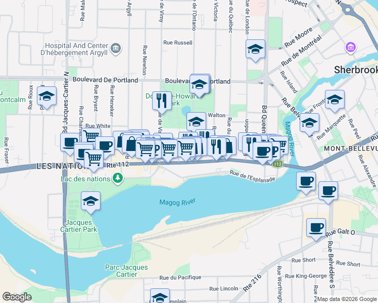 map of restaurants, bars, coffee shops, grocery stores, and more near 27 B Rue de l'Ontario in Sherbrooke
