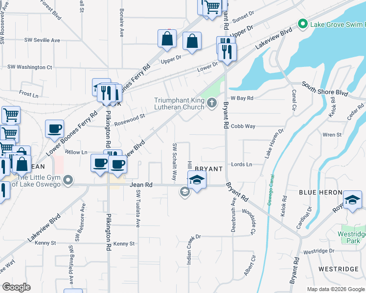 map of restaurants, bars, coffee shops, grocery stores, and more near 17514 Southwest Schalit Way in Lake Oswego