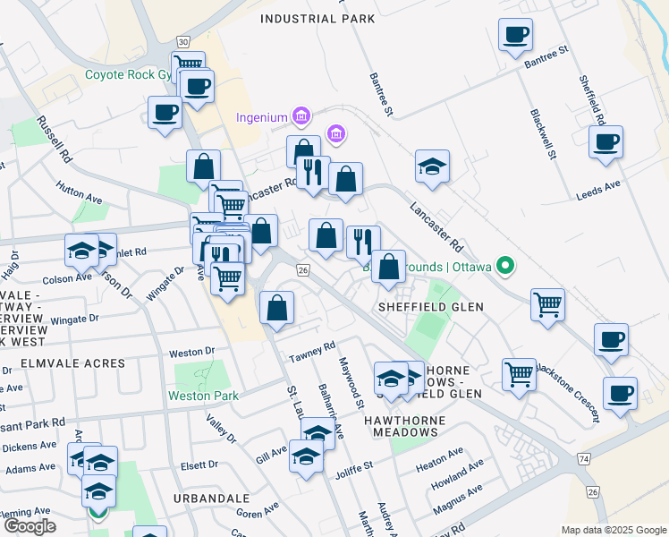 map of restaurants, bars, coffee shops, grocery stores, and more near 88 Southvale Crescent in Ottawa