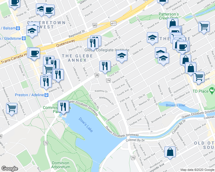 map of restaurants, bars, coffee shops, grocery stores, and more near 7-17 Kippewa Drive in Ottawa