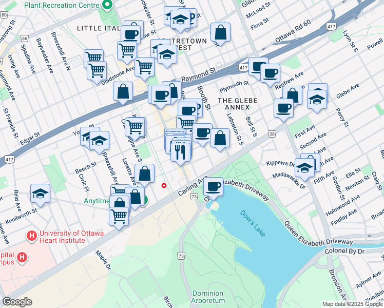 map of restaurants, bars, coffee shops, grocery stores, and more near in Ottawa