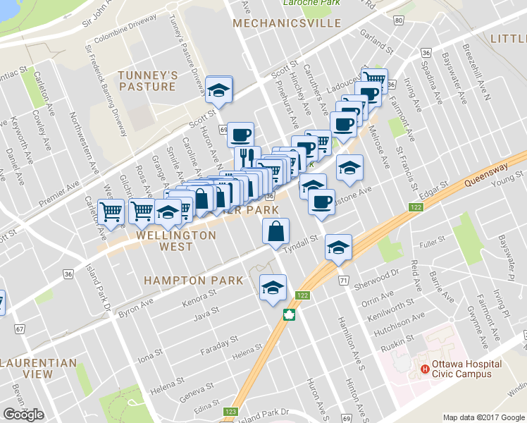 map of restaurants, bars, coffee shops, grocery stores, and more near 132 Holland Avenue in Ottawa