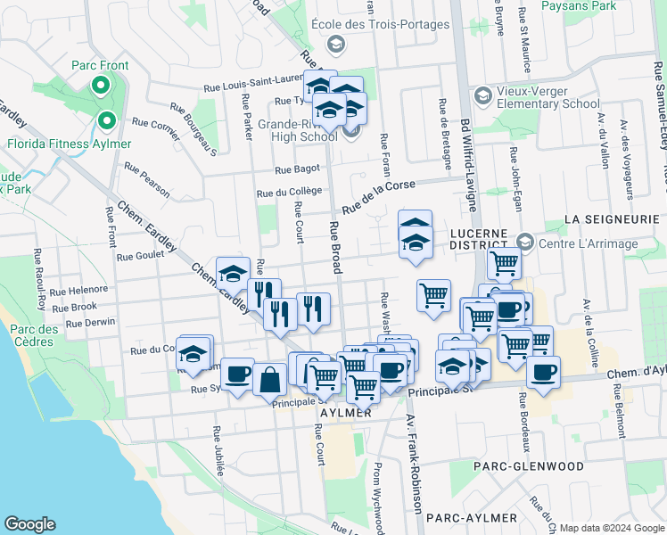 map of restaurants, bars, coffee shops, grocery stores, and more near 59 Rue Broad in Gatineau