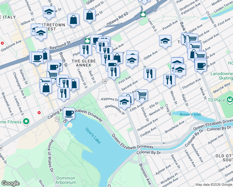 map of restaurants, bars, coffee shops, grocery stores, and more near in Ottawa