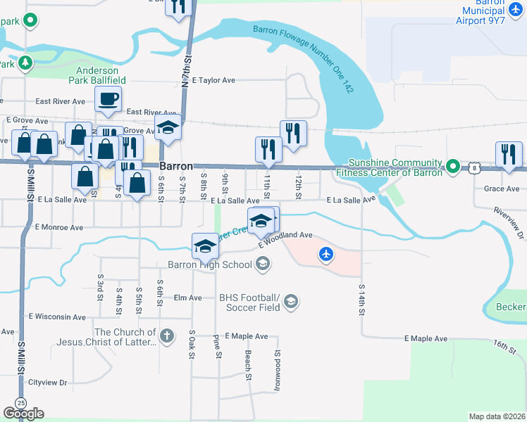 map of restaurants, bars, coffee shops, grocery stores, and more near 145 Memorial Drive in Barron
