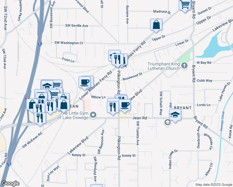 map of restaurants, bars, coffee shops, grocery stores, and more near 5615 Willow Lane in Lake Oswego