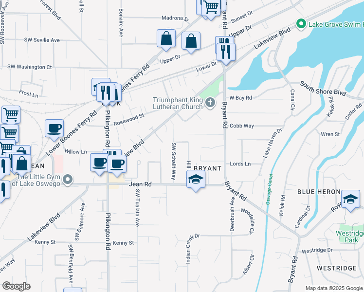 map of restaurants, bars, coffee shops, grocery stores, and more near 17401 Hill Way in Lake Oswego