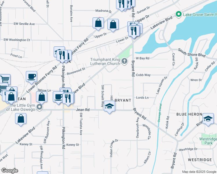 map of restaurants, bars, coffee shops, grocery stores, and more near 17401 Hill Way in Lake Oswego
